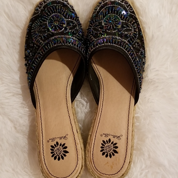 NWOT. Yellow Box Navy Blue Espadrille Beaded Wedge Sandals. - Picture 2 of 7